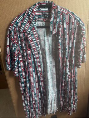 Express Short-Sleeve Geometric Print Shirt Jacket — Black, Red & Teal